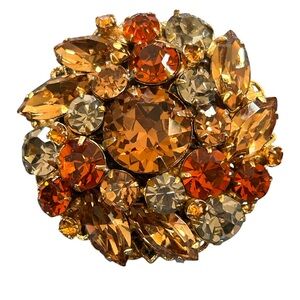 Vintage Regency Amber Topaz Rhinestone Brooch Domed Gold Tone Signed 1960s
